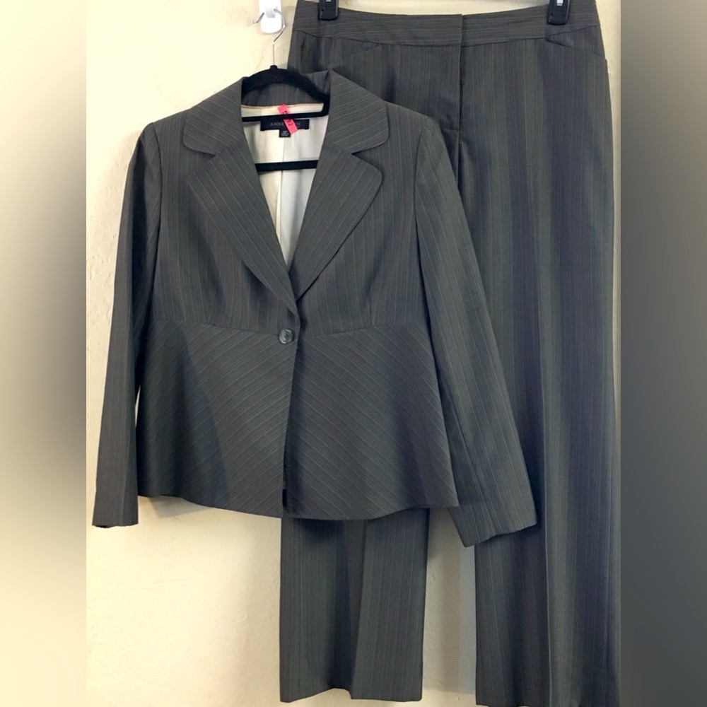 Ann Klein Wool PantSuit Size 10 Pretite Brown Peplum Office Workwear Career